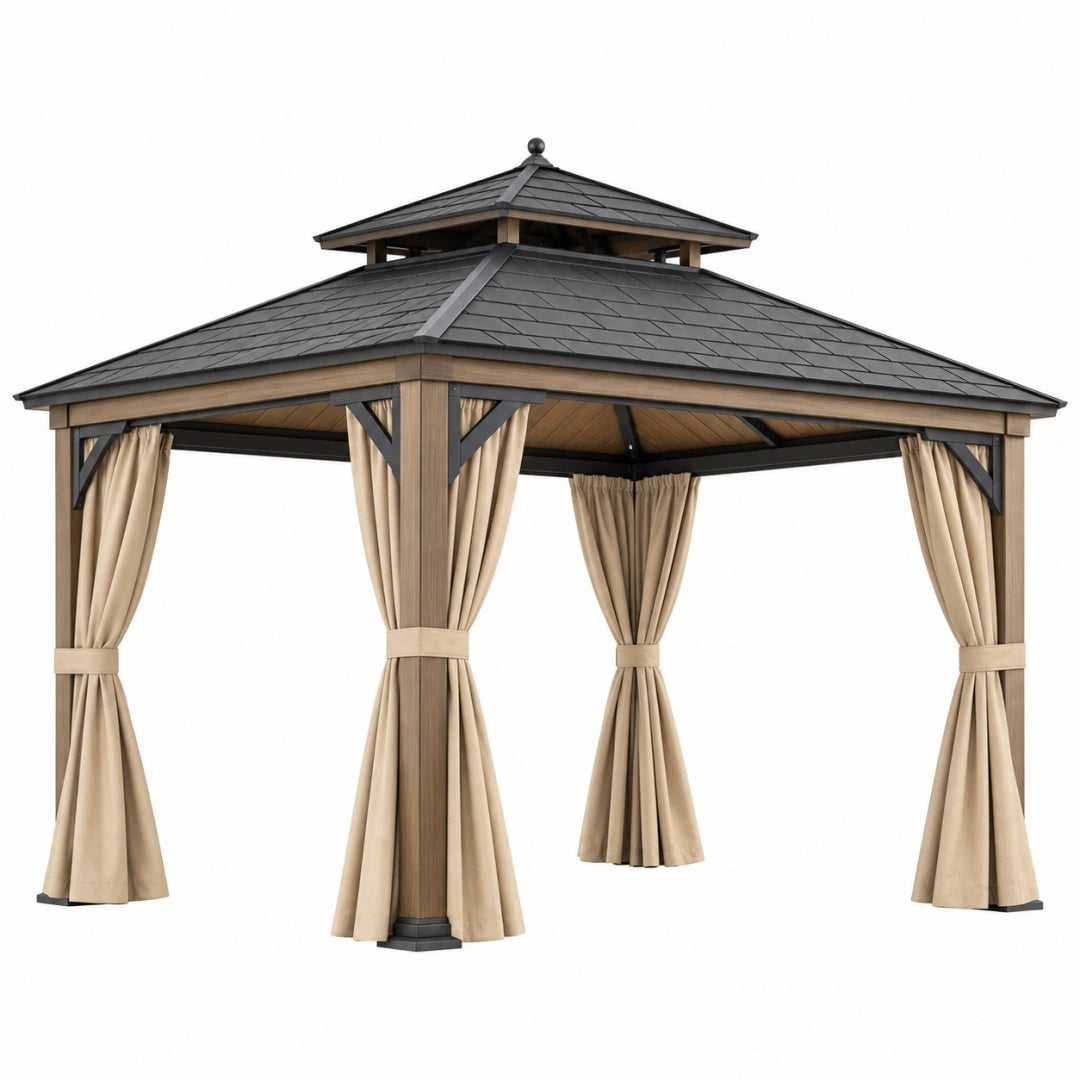 Gartenpavillon 300 x 300 x 300 cm Holz Metall Braun Schwarz mit Vorhängen für Terrasse