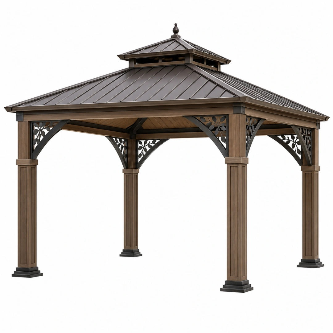 Gartenpavillon 300 x 300 x 320 cm aus Metall Braun Schwarz mit Doppeldach