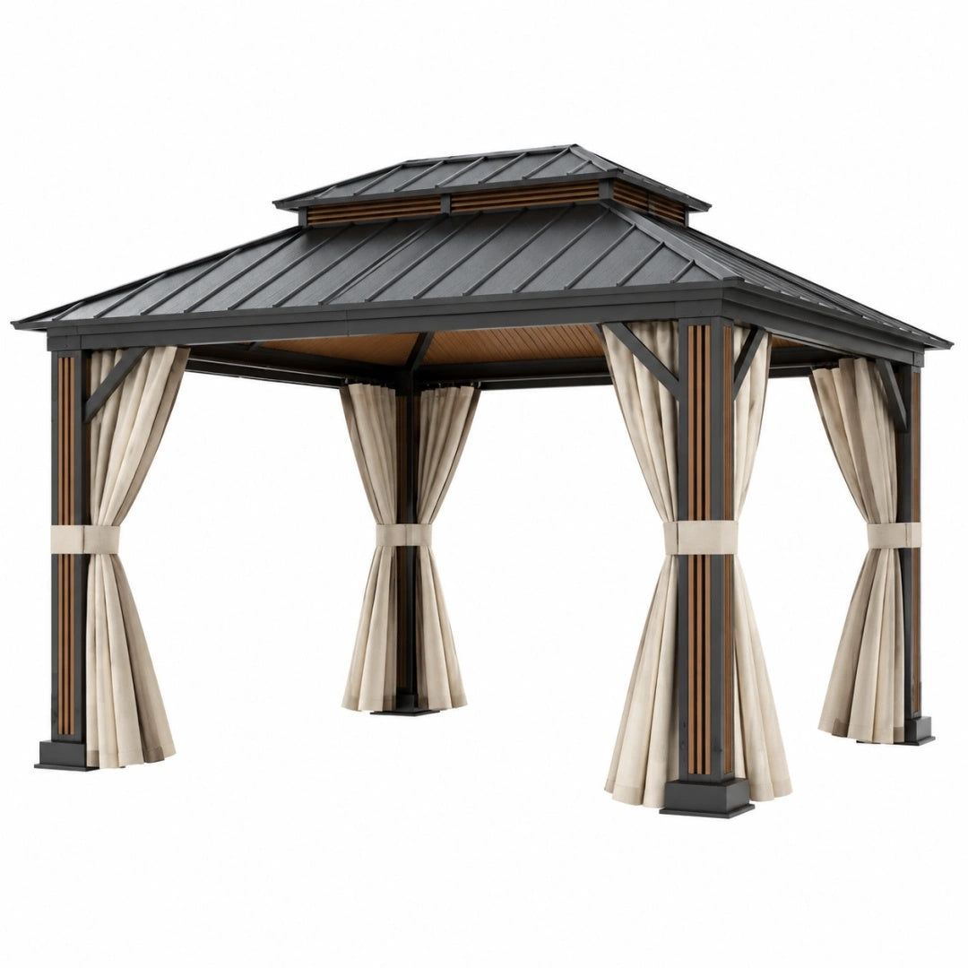 Gartenpavillon 300 x 300 x 300 cm aus Metall in Schwarz mit beigefarbenen Vorhängen