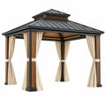 Gartenpavillon 300 x 300 x 300 cm Metall Holzoptik Schwarz Beige mit Vorhängen