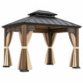 Pavillon 300 x 300 cm Metall Braun Schwarz Beige mit festem Dach und Vorhängen