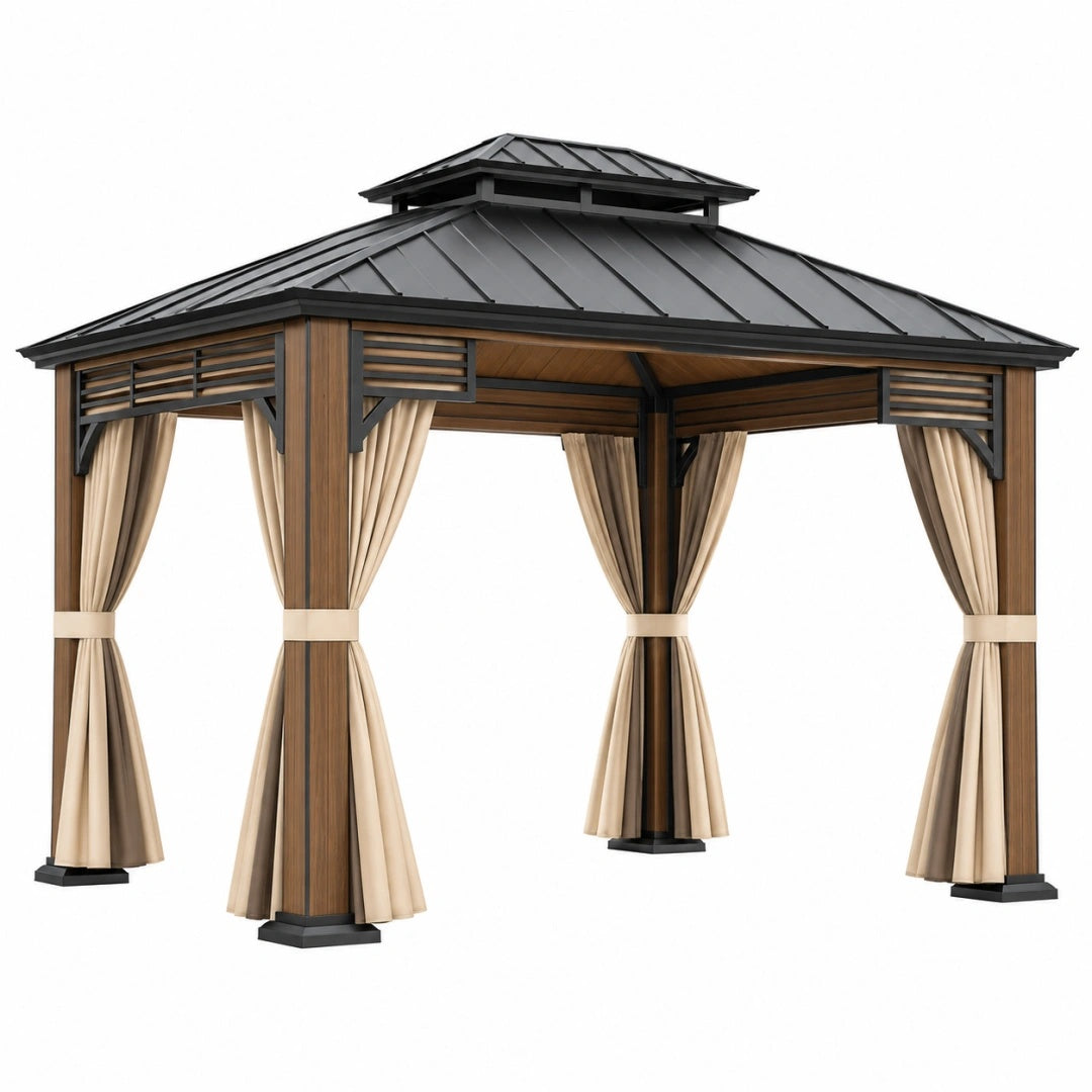 Pavillon 300 x 300 cm Metall Braun Schwarz Beige mit festem Dach und Vorhängen