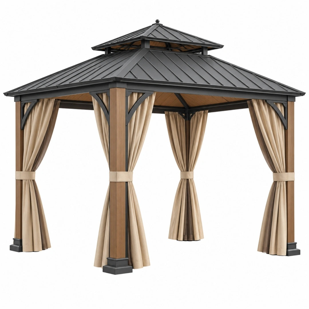 Pavillon 300 x 300 cm aus Metall in Anthrazit Braun mit Vorhängen und Doppeldach