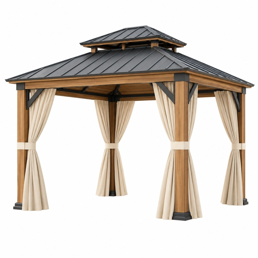 Gartenpavillon 300 x 300 x 300 cm Holz und Metall Beige Braun mit Vorhängen