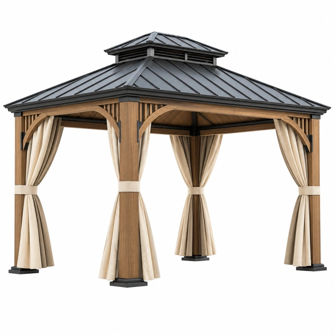 Pavillon 300 x 300 cm Holzoptik Metall-Dach mit Vorhängen Klassisch