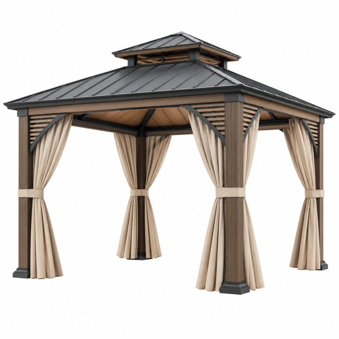 Gartenpavillon 300 x 300 x 300 cm Metall in Anthrazit Braun Beige mit Vorhängen