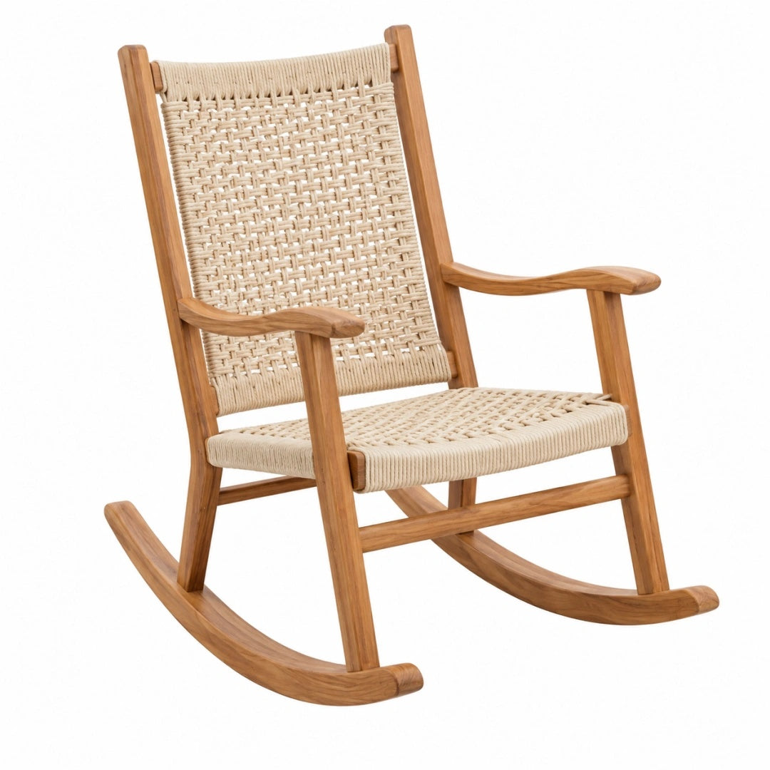 Schaukelstuhl 90 x 65 x 105 cm aus Massivholz Naturbraun Beige mit Kordelgeflecht im Landhausstil