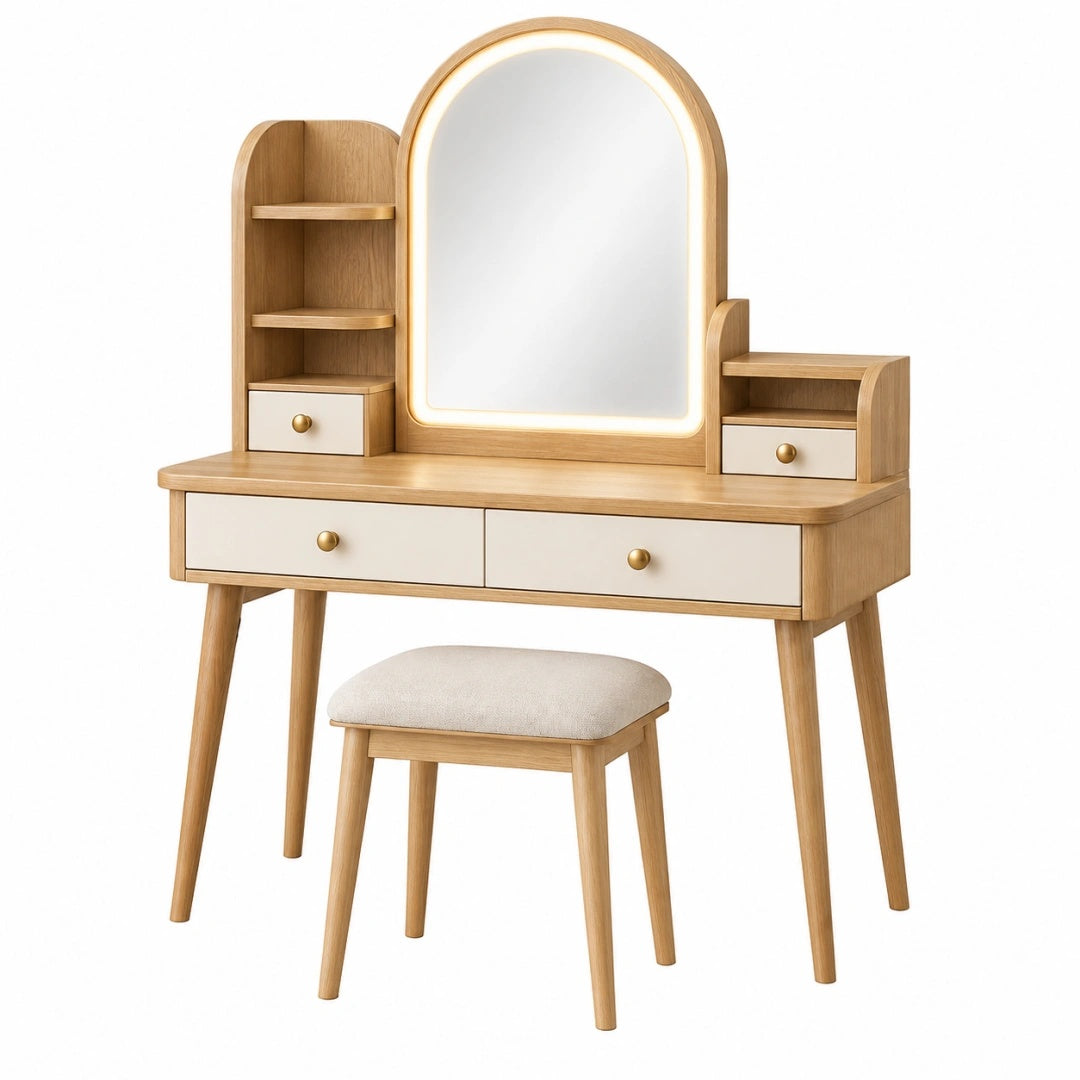 Schminktisch-Set 100 x 40 x 150 cm Holzwerkstoff Hellbraun Weiß mit LED-Spiegel und Hocker