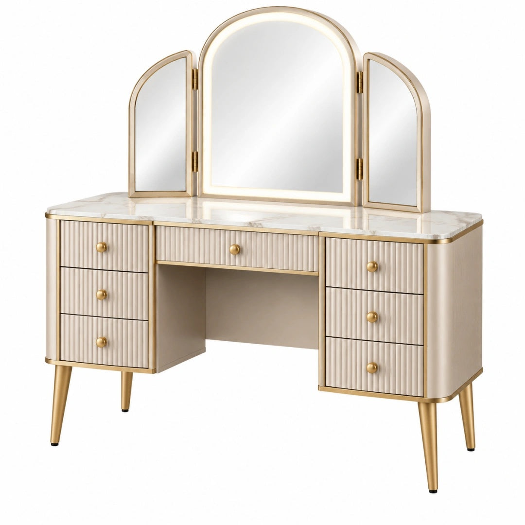 Schminktisch 120 x 45 x 150 cm Creme Gold Holzwerkstoff mit dreiteiligem Spiegel und Schubladen