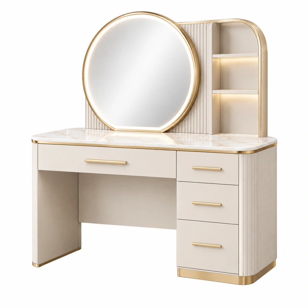 Schminktisch 120 x 45 x 150 cm aus MDF in Elfenbein und Gold mit Spiegel Schubladen und Ablagen