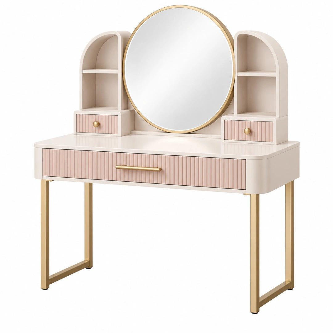 Schminktisch 100 x 40 x 140 cm in Creme Rosa mit Spiegel Schubladen und Metallgestell