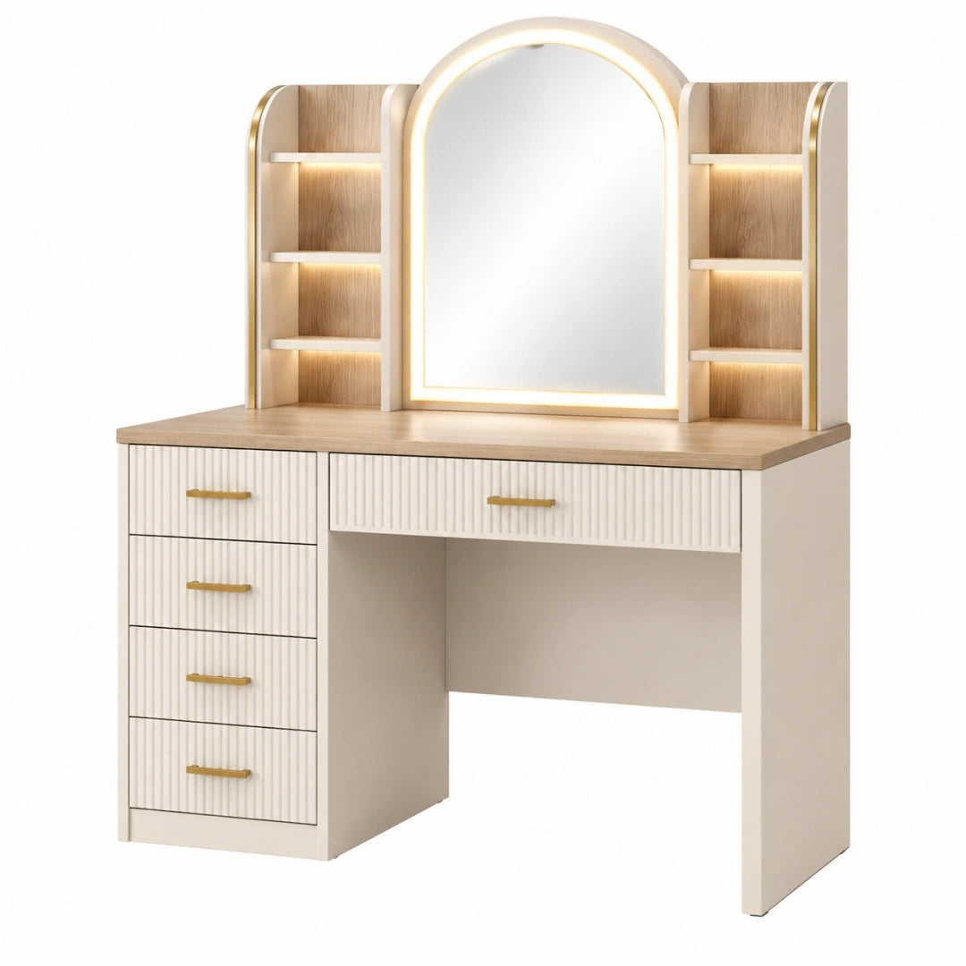 Schminktisch 120 cm 45 cm 160 cm aus Holzwerkstoff in Weiß Hellbraun mit Spiegel Beleuchtung und Schubladen