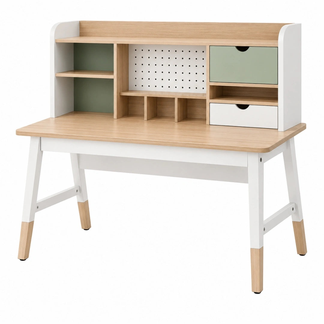 Kinderschreibtisch 100 cm Holz Weiß Natur mit Stauraum und Lochwand