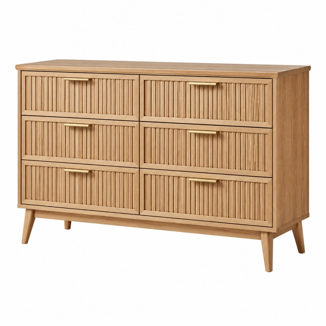 Kommode 140 x 45 x 90 cm aus Holz in Natur mit 6 Schubladen im skandinavischen Stil