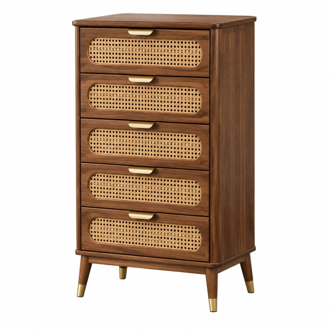 Kommode 80 x 42 x 120 cm Holz Braun mit Rattangeflecht im Retro-Stil