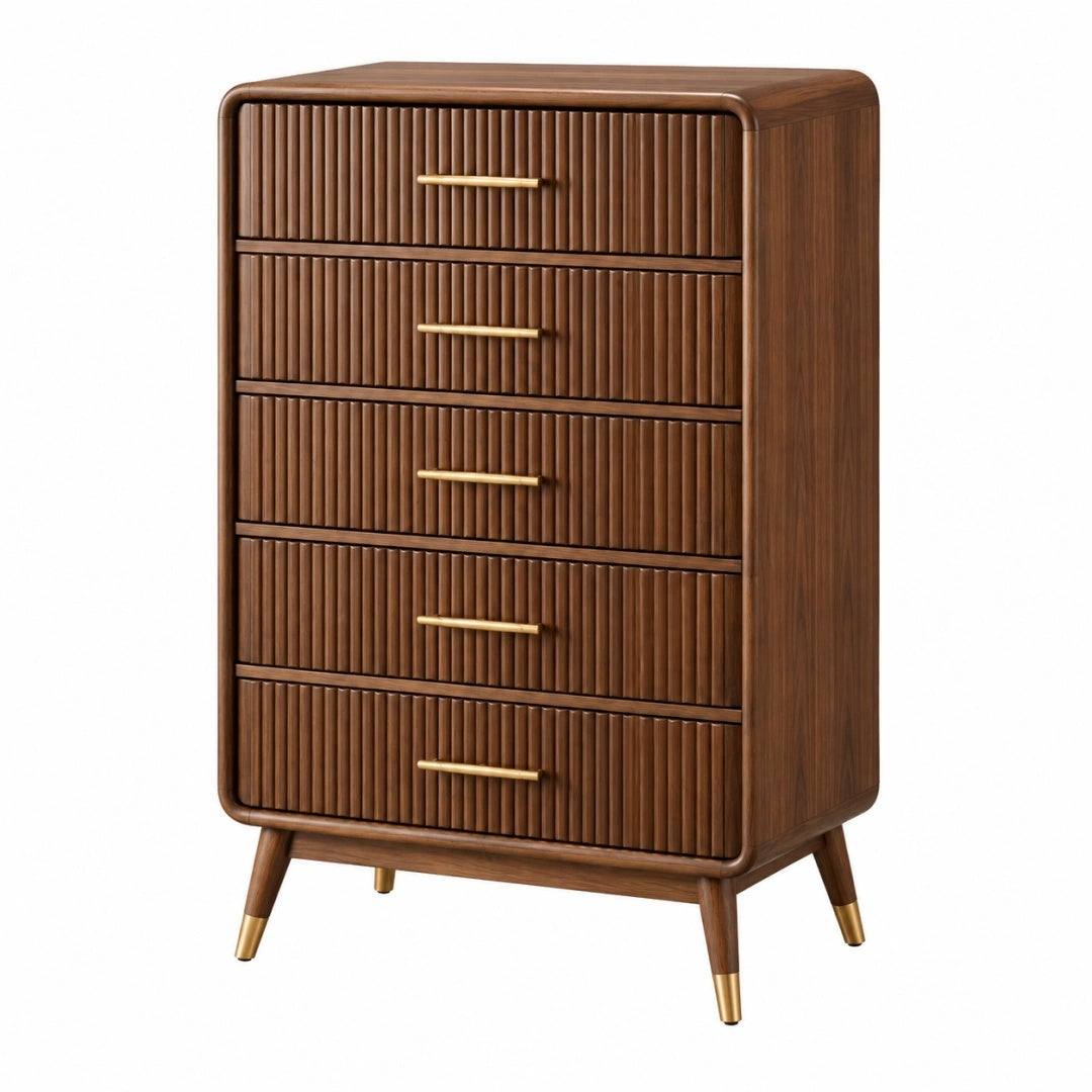 Kommode 80 x 40 x 120 cm in Walnussbraun mit fünf Schubladen im Retro-Stil