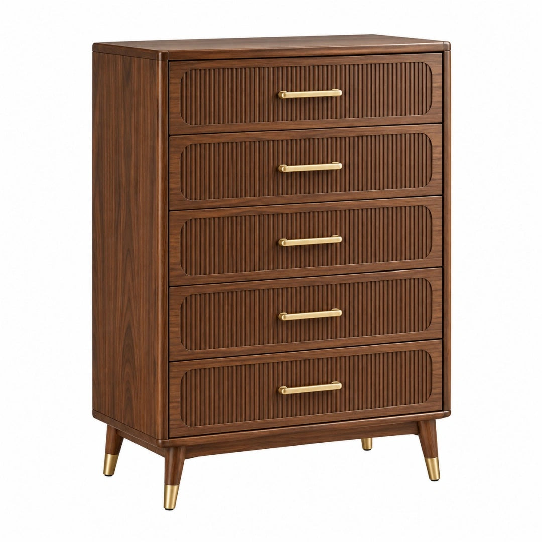 Kommode 80 x 45 x 120 cm aus Holz in Nussbraun mit fünf Schubladen im Mid-Century-Stil