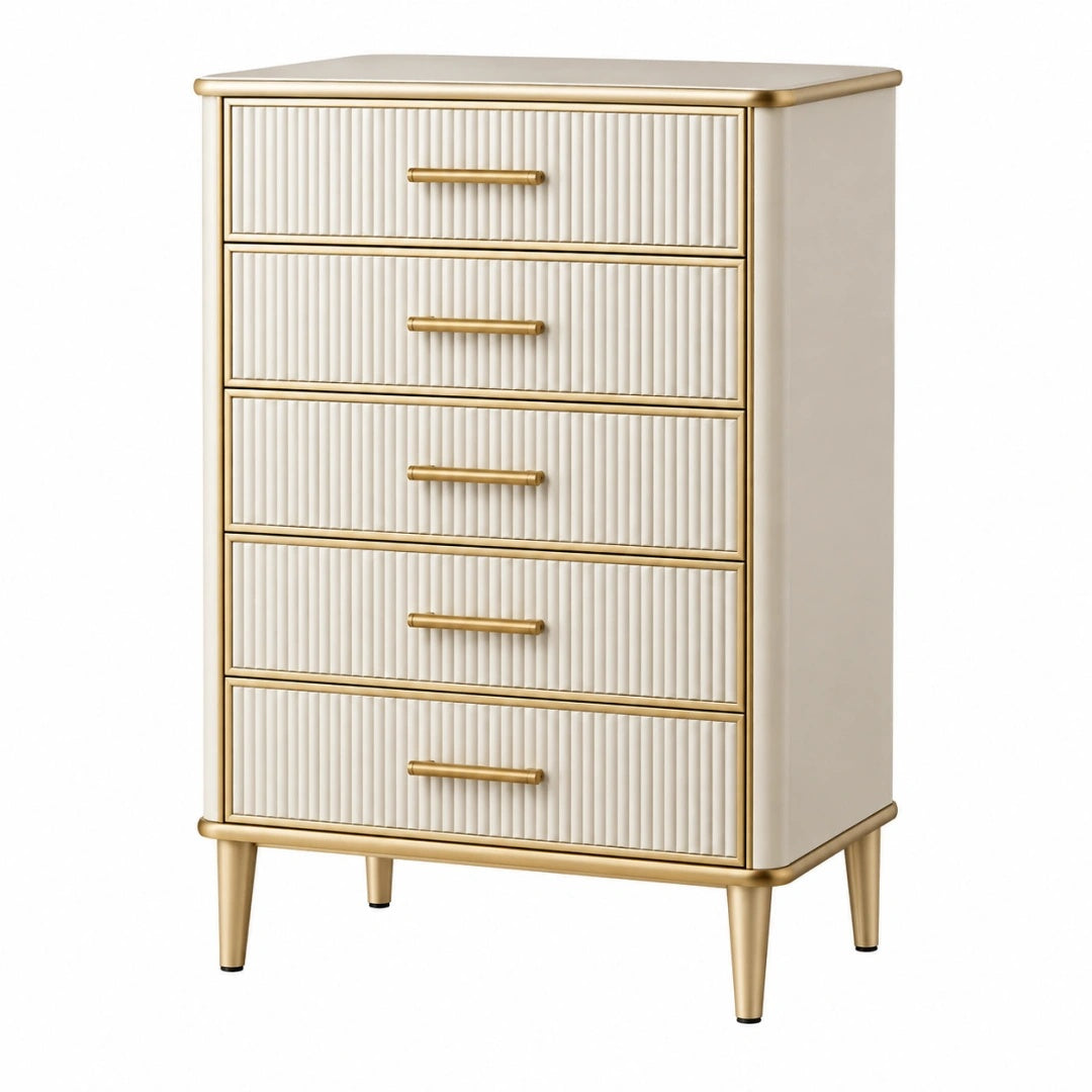 Kommode 80 x 40 x 120 cm Creme Gold mit 5 Schubladen geriffelter Front