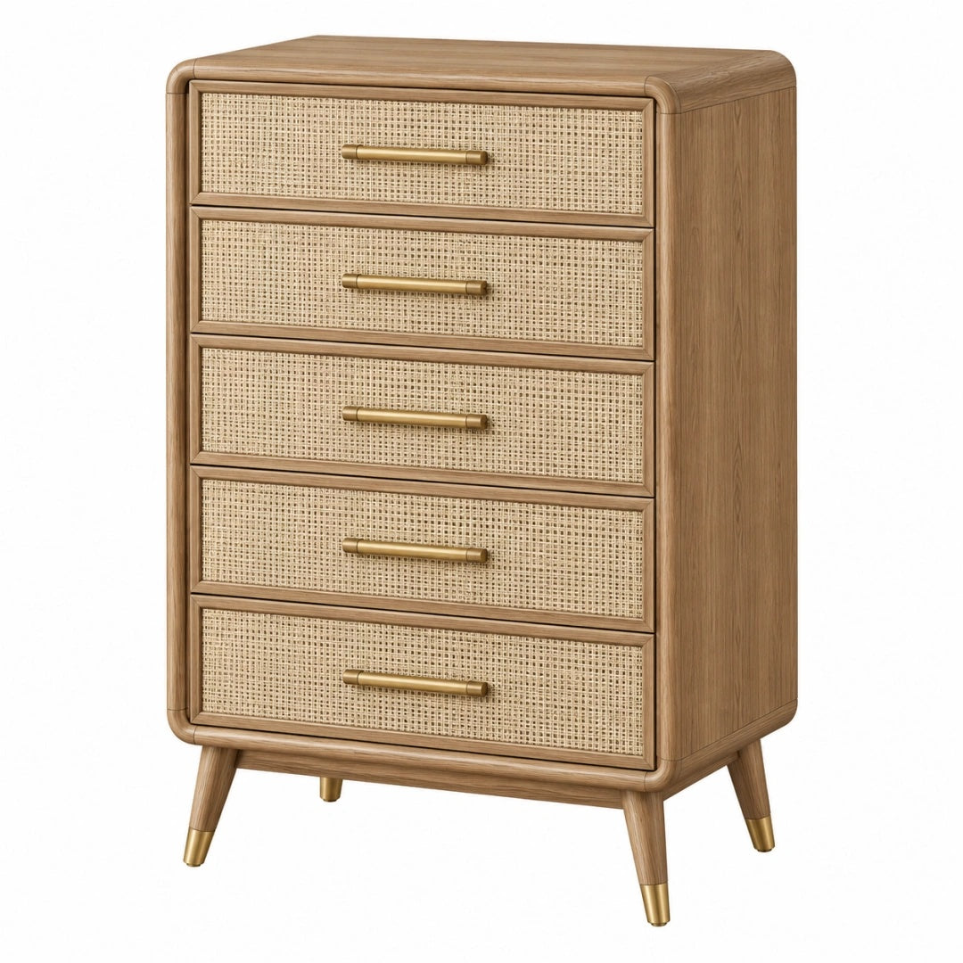 Kommode 80 x 40 x 120 cm aus Holz und Rattangeflecht Natur Boho-Stil mit 5 Schubladen