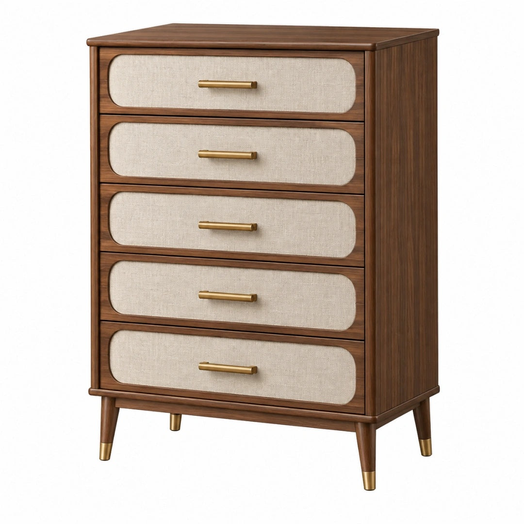 Kommode 80 x 40 x 120 cm in Walnussbraun Beige mit fünf Schubladen im Mid-Century-Stil