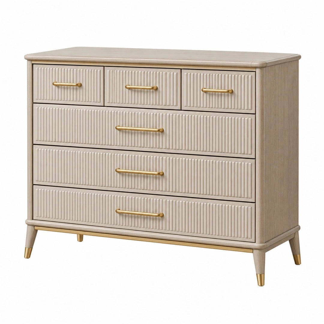 Kommode 120 x 45 x 100 cm in Beige mit geriffelter Holzoptik und 6 Schubladen