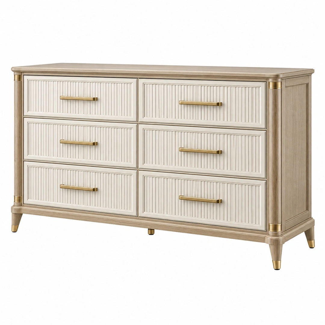 Kommode 150 x 45 x 85 cm aus Holzwerkstoff in Beige mit 6 Schubladen im klassischen Stil