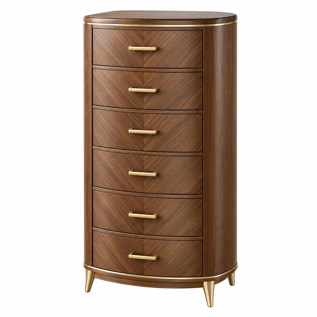 Kommode 80 x 45 x 140 cm in Walnussbraun und Gold mit 6 Schubladen im Art-déco-Stil