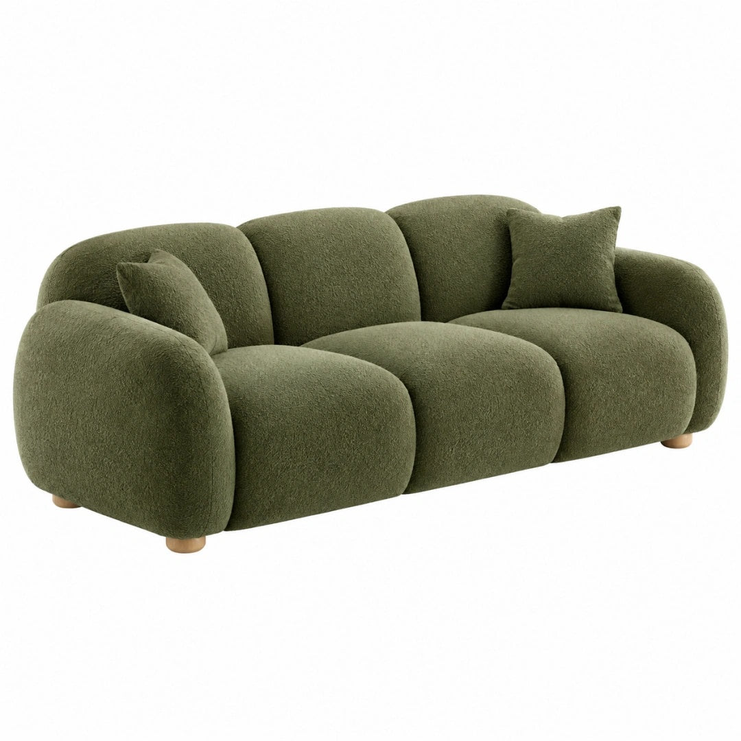 3-Sitzer Sofa 220 x 95 x 75 cm in Olivgrün mit Bouclé-Textilbezug - abgerundetes Wohnzimmer Sofa