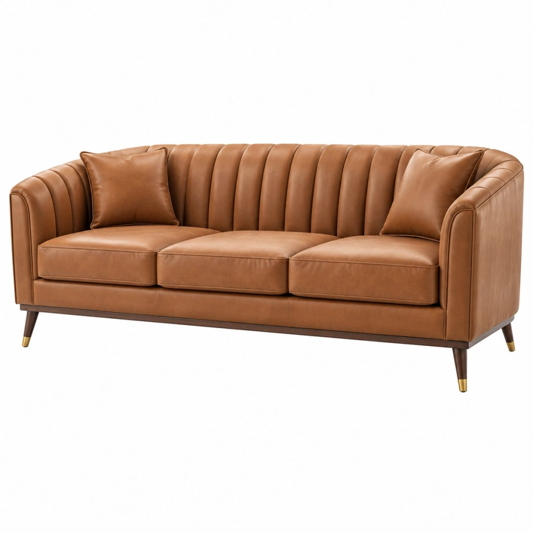 3-Sitzer Sofa 210 x 90 x 82 cm braunes Kunstleder - gerippte Rückenlehne und Metallfüße
