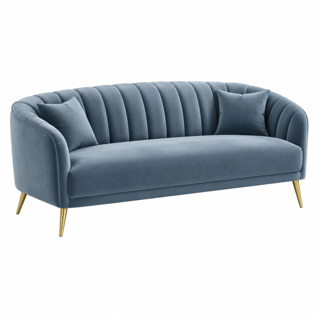 Sofa 180 cm Samt Blau mit goldfarbenen Metallfüßen im Retro Stil